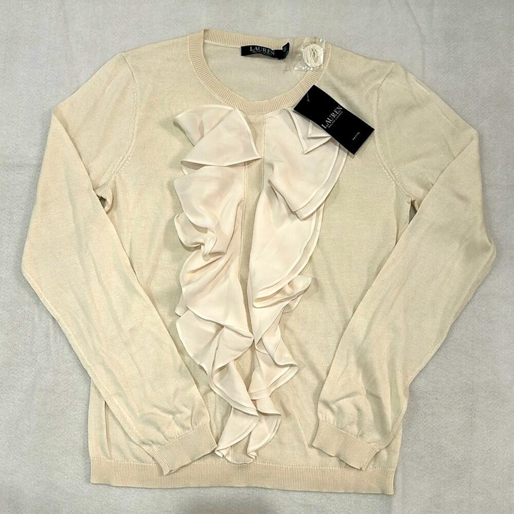 NWT LAUREN Ralph Lauren Silk Blend Long Sleeve Women's Ruffle Sweater Size PS 1A